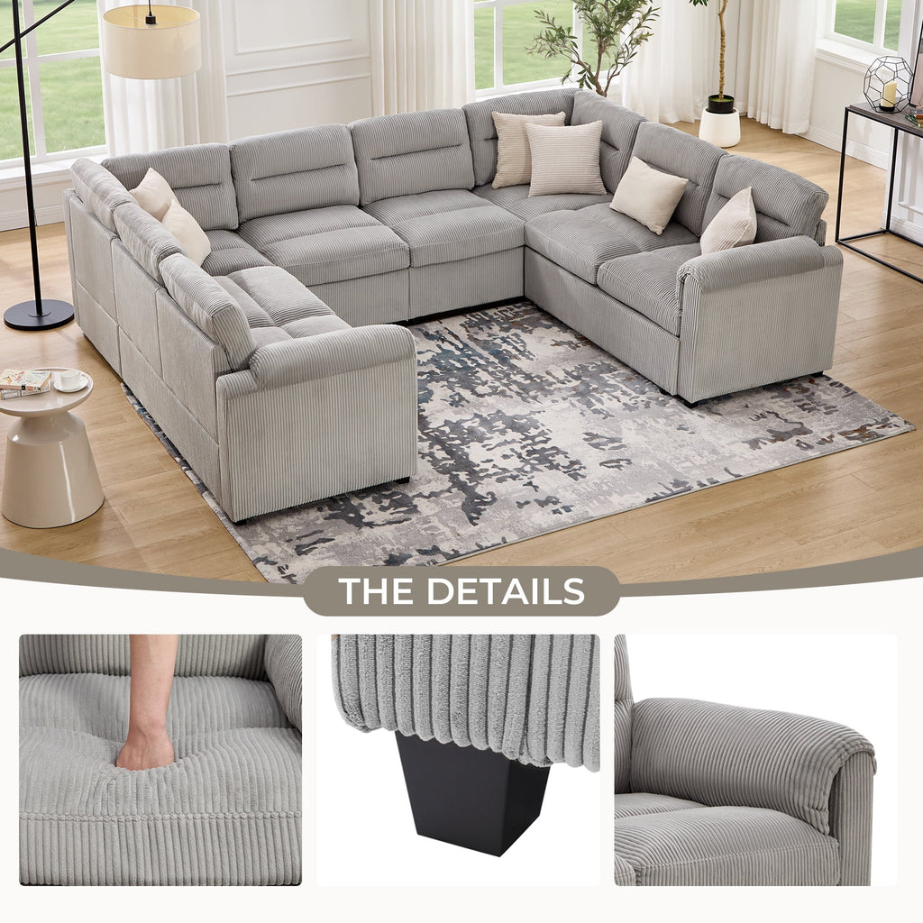  114 inch Sectional Sleeper Sofa with Pull Out Bed Convertible Corduroy Modular Sofa Upholstered Sofa Bed for Living Room Gray