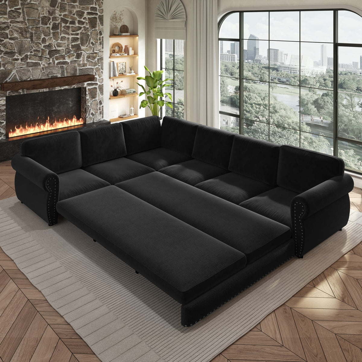  Sectional Sofa Couch, Oversized Chenille Sofa with Pull Out Sofa Bed for Living Room Black