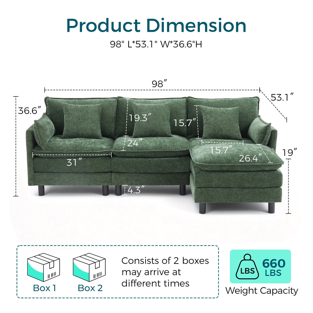  98" L-Shape Modular Sectional Sofa with Moveable Ottoman, Cloud Couch Seats 3 for Living Room, Apartment, Green