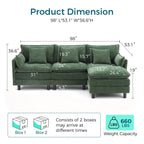  98" L-Shape Modular Sectional Sofa with Moveable Ottoman, Cloud Couch Seats 3 for Living Room, Apartment, Green