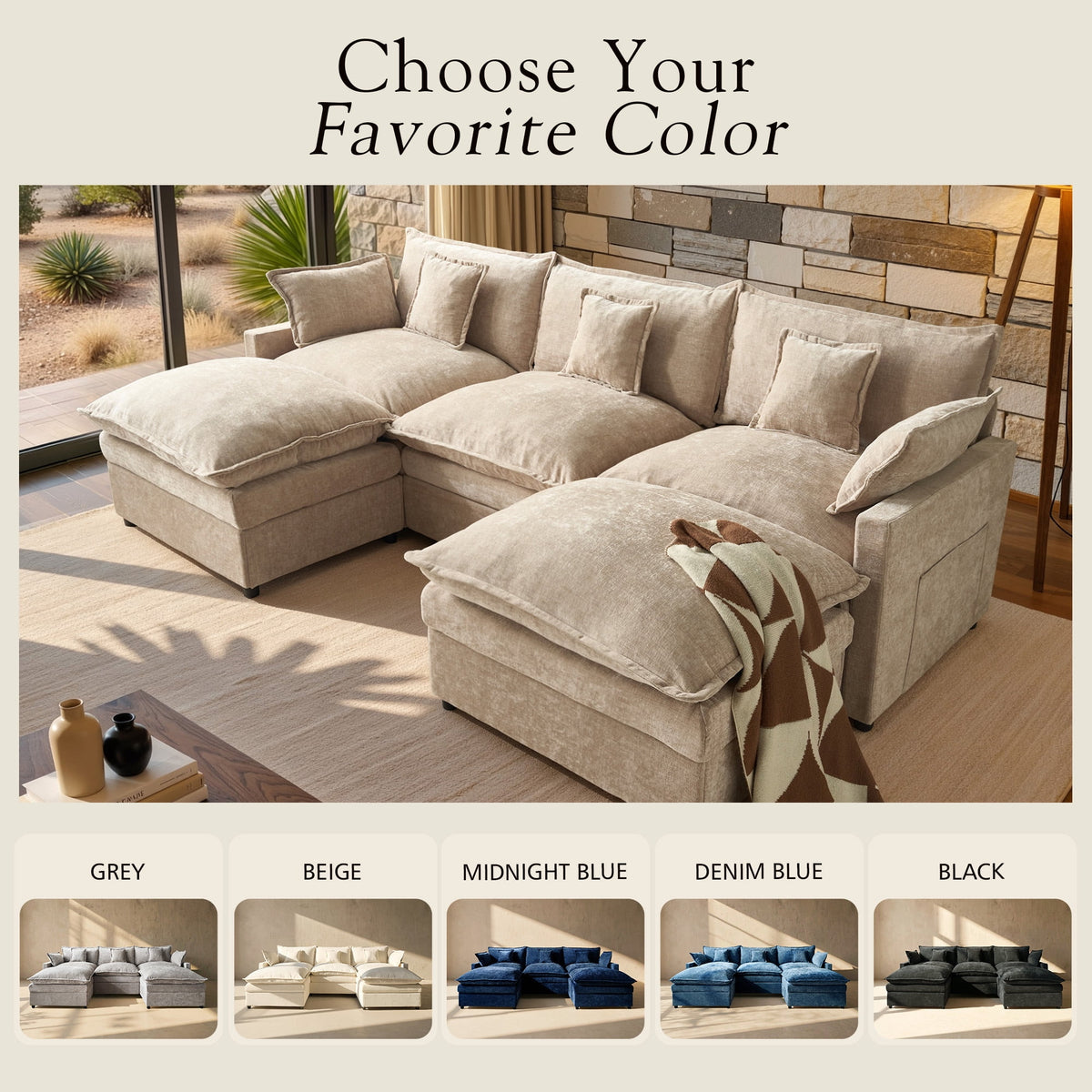 Toject 107.87" Modular Sectional Sofa U Shaped Cloud Couch, Chenille 4 Seat Deep Seat Sofa with 2 Movable Ottomans for Living Room Bedroom Apartment, Oatmeal