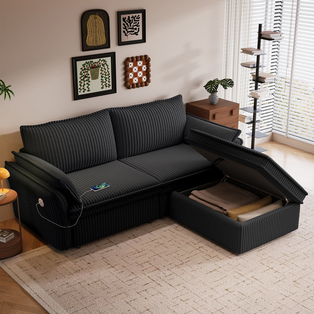  Pull Out Sofa Bed Queen Size, 85" Loveseat Sofa with Movable Ottoman, USB Charging Port, Corduroy Sofa Couch Convertible Sofa Bed for Living Room Black