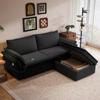  Pull Out Sofa Bed Queen Size, 85" Loveseat Sofa with Movable Ottoman, USB Charging Port, Corduroy Sofa Couch Convertible Sofa Bed for Living Room Black