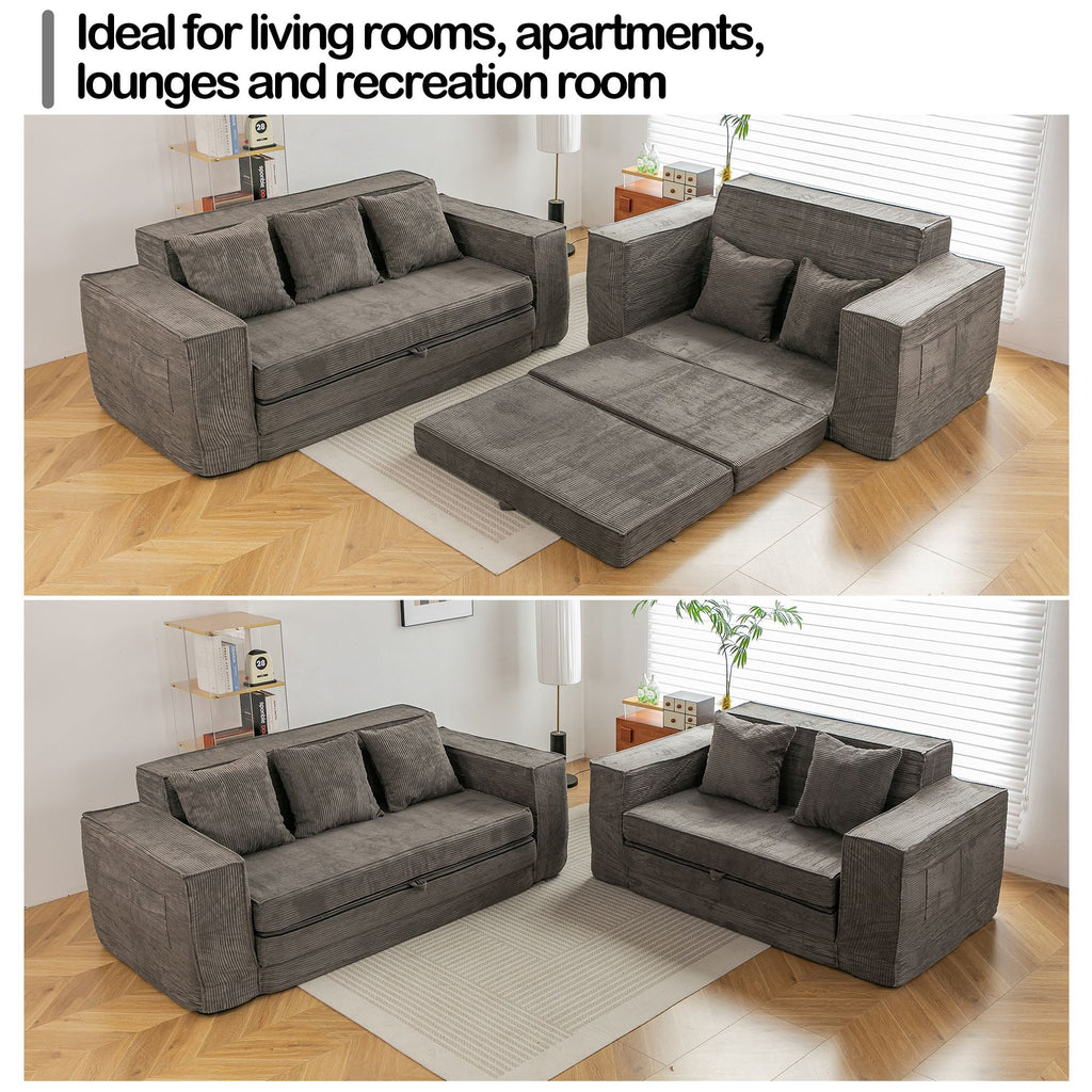 Vicluke Convertible Memory Foam 3-seat Sofa & Loveseat, Pull Out Sleeper Sofa Bed, 2 in 1 Folding Couch Bed, Fold Out Floor Couch Corduroy Fabric with Pillows for Living Room Bedroom Lounge(Grey)