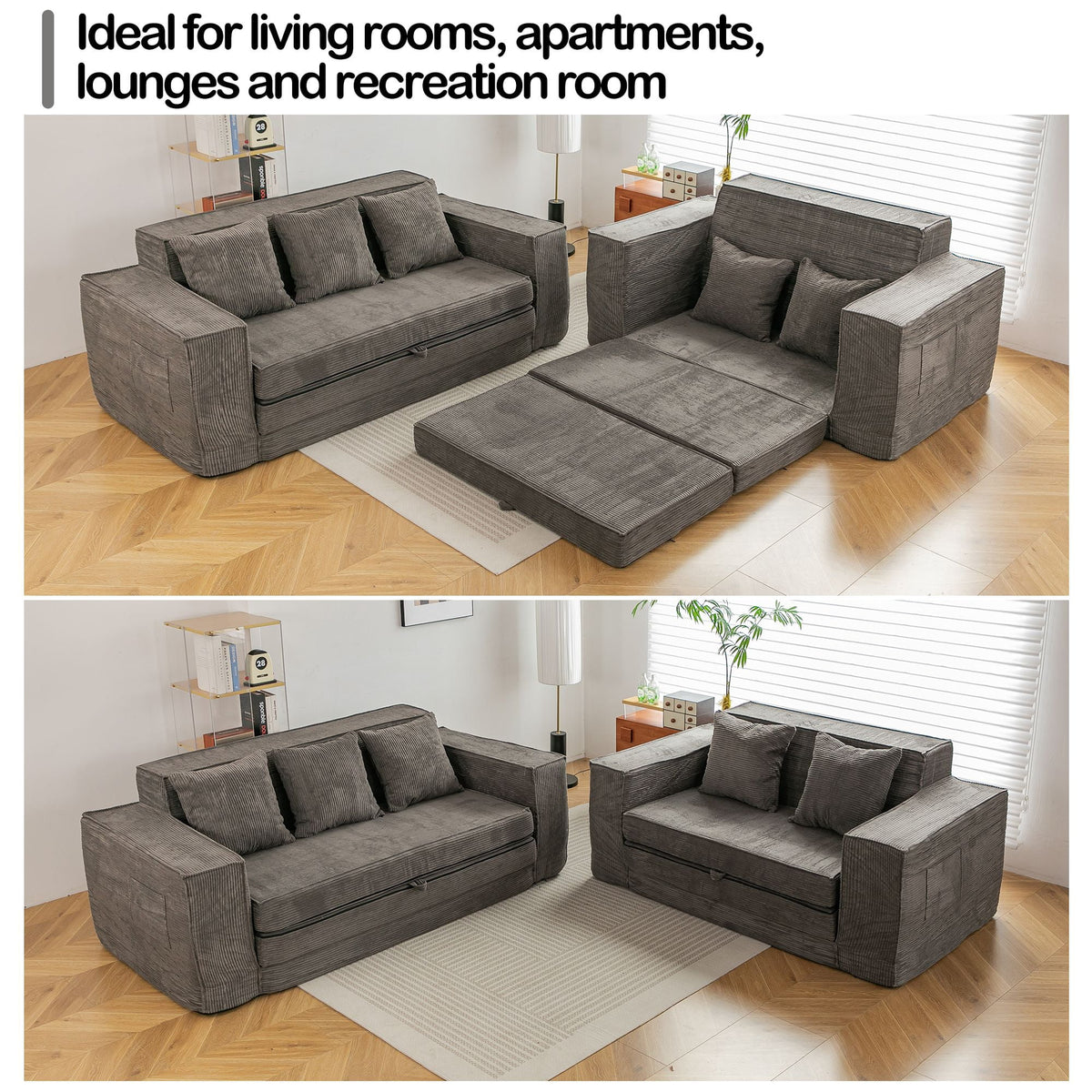 Vicluke Convertible Memory Foam 3-seat Sofa & Loveseat, Pull Out Sleeper Sofa Bed, 2 in 1 Folding Couch Bed, Fold Out Floor Couch Corduroy Fabric with Pillows for Living Room Bedroom Lounge(Grey)