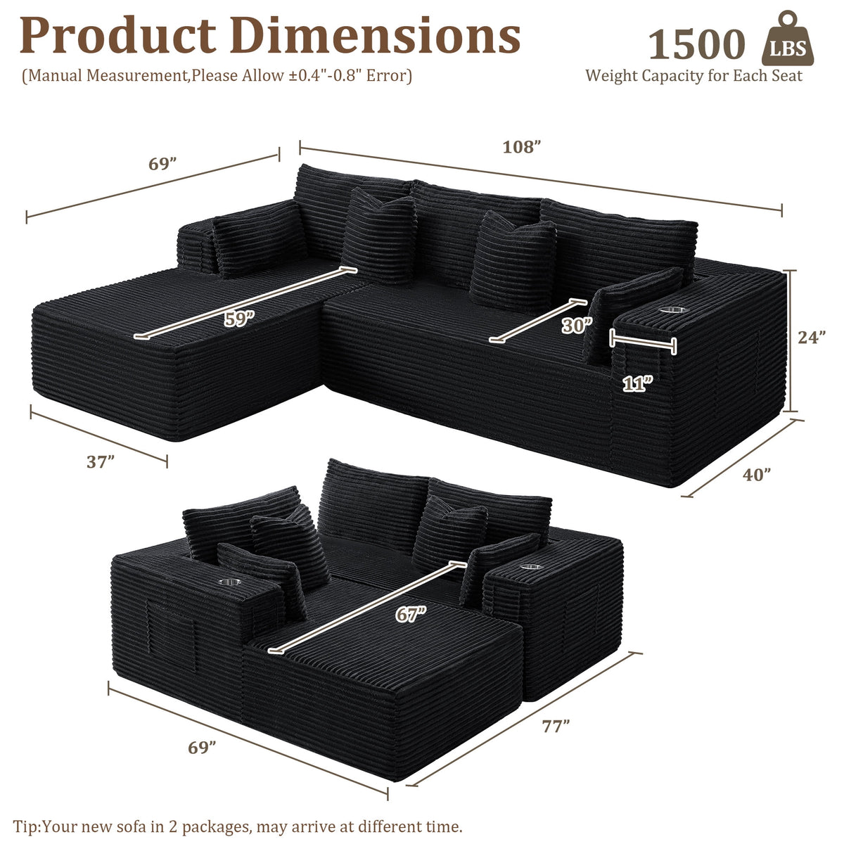 108" Modular Sectional Sofa, L-Shaped Cloud Couch with 59" Extra-Deep Chaise, 75D Memory Foam, Boneless Plush Corduroy Sofa, No Assembly, Black
