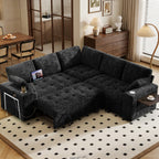 85" Modular Sectional Sleeper Sofa with Pull Out Bed, 5 Seat Chenille L Shaped Couch with USB Ports|Cup Holders|Side Table|Storage Loveseat, Tool Free Assembly,Black