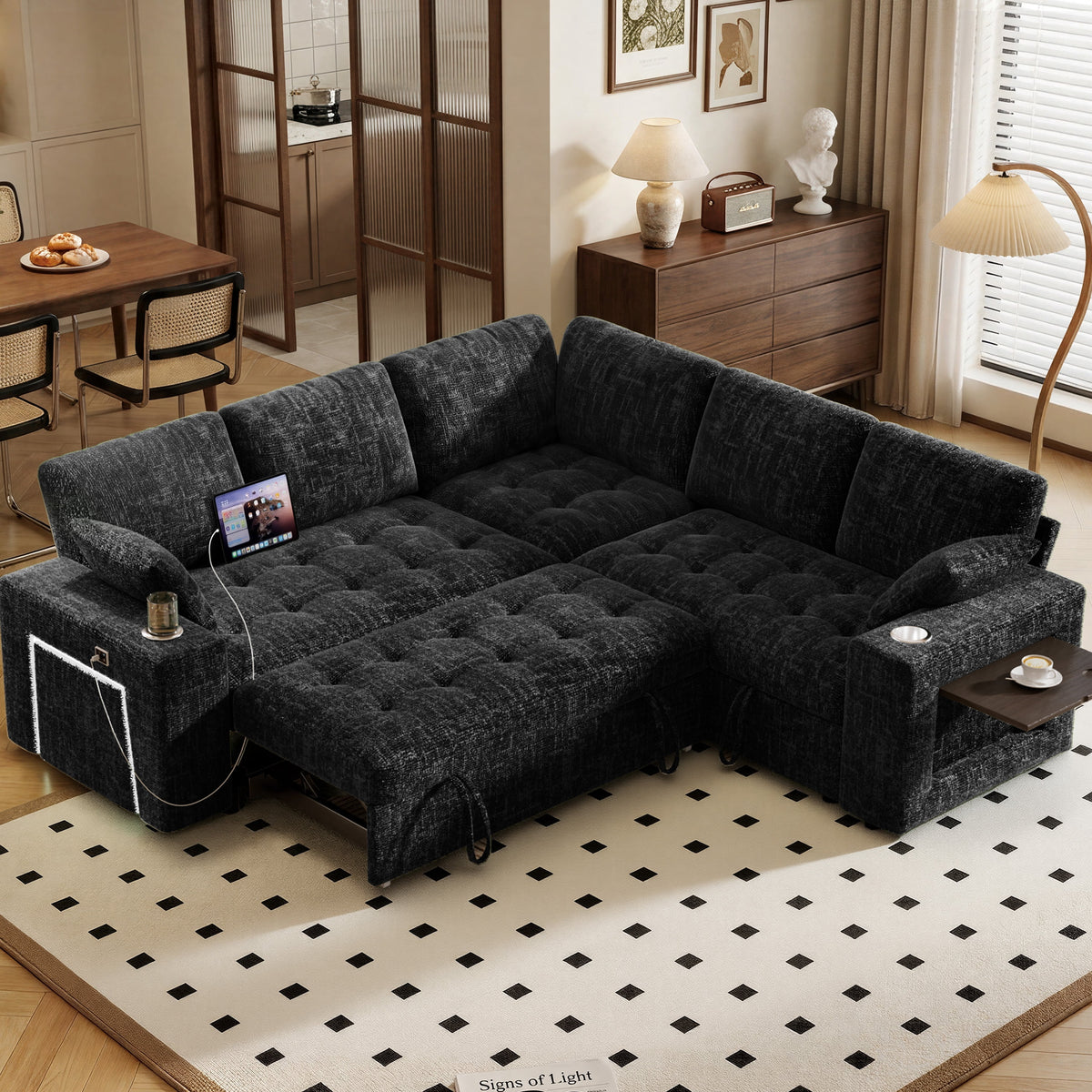 85" Modular Sectional Sleeper Sofa with Pull Out Bed, 5 Seat Chenille L Shaped Couch with USB Ports|Cup Holders|Side Table|Storage Loveseat, Tool Free Assembly,Black