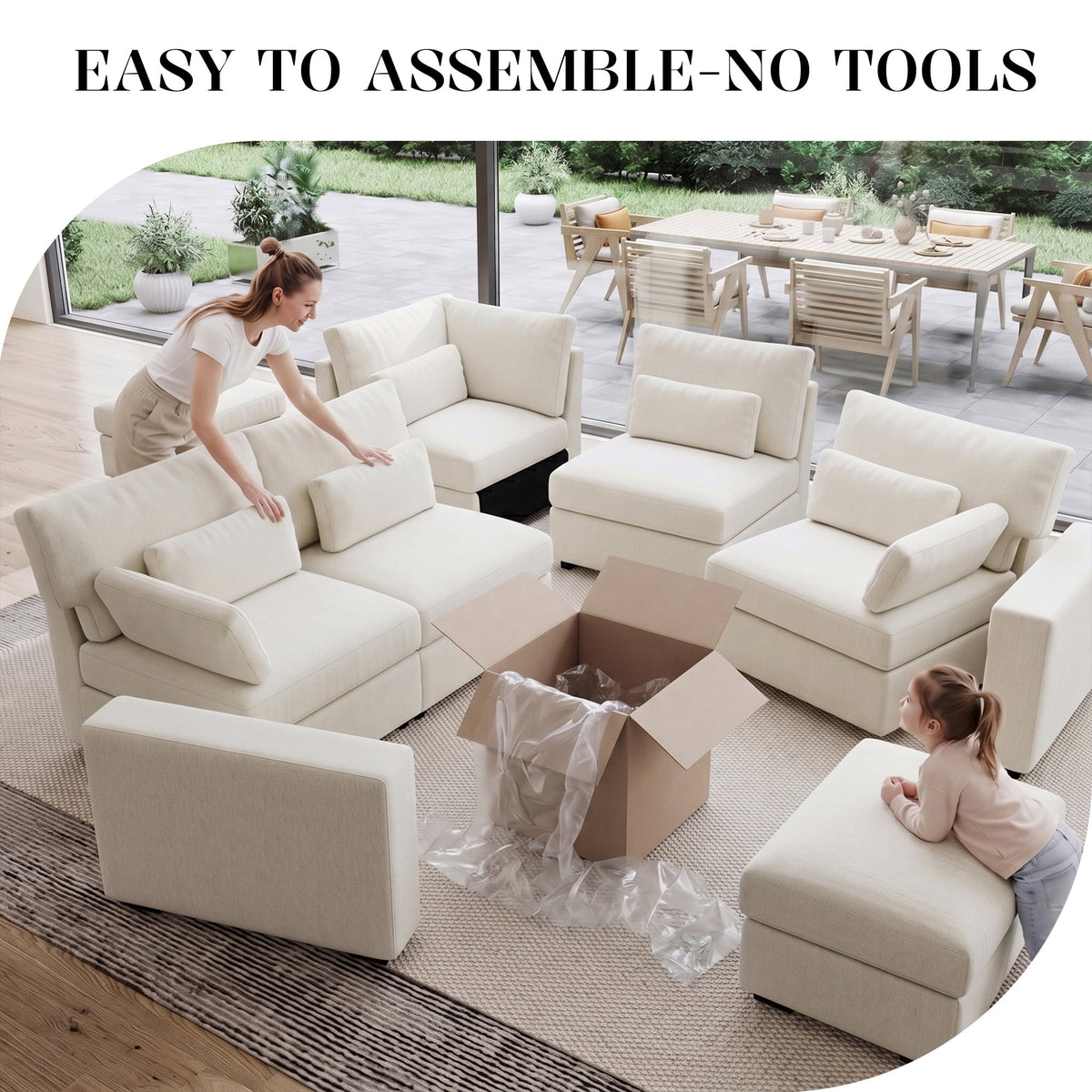 Hombryzy 146" Modular Sectional Sofa with Movable Ottoman, U-Shaped Deep Seat Cloud Couch for the Living Room, 6-Seat, Beige