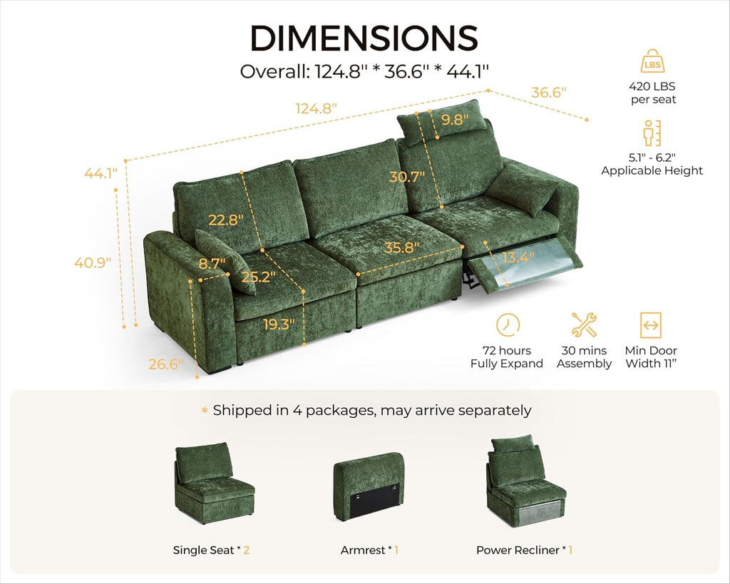 BEDEEP 125'' Power Recliner Sofa with Headrest, Modular Cloud Sectional Chenille Reclining Couch, Convertible 3-Seater Sofa Couch for Living Room RV, Green