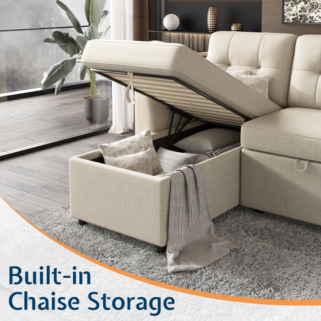 VANACC Sectional Sofa Bed with Storage and Soft Seat ,Reversible Pull Out Couch for Living Room,Beige