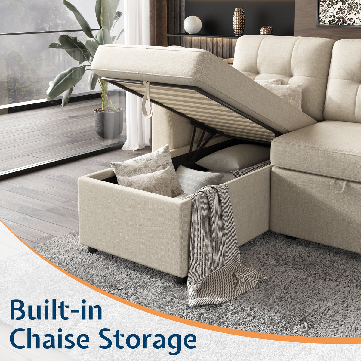 VANACC Sectional Sofa Bed with Storage and Soft Seat ,Reversible Pull Out Couch for Living Room,Beige