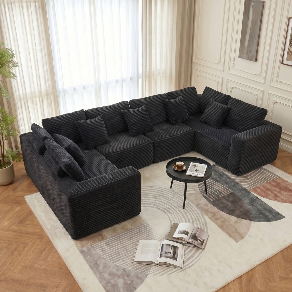  138.5" Sectional U Shaped Couch,Black Sectional Cloud Boneless Sofa For Living Room,Plush Corduroy Couches With Deep Seat Chaise Lounge,No Assembly Required