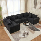 138.5" Sectional U Shaped Couch,Black Sectional Cloud Boneless Sofa For Living Room,Plush Corduroy Couches With Deep Seat Chaise Lounge,No Assembly Required