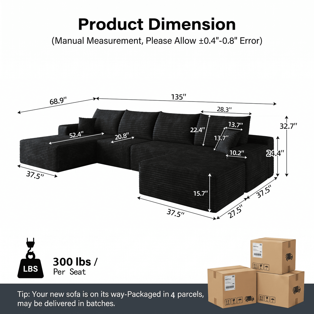 CKEASEAN 135" Corduroy Oversized U Shaped Modular Cloud Couch Sectional, Boneless Sectional Sofa with Left Facing Chaise & Ottoman, Compressed Boneless Couch for Living Room, No Assembly Required