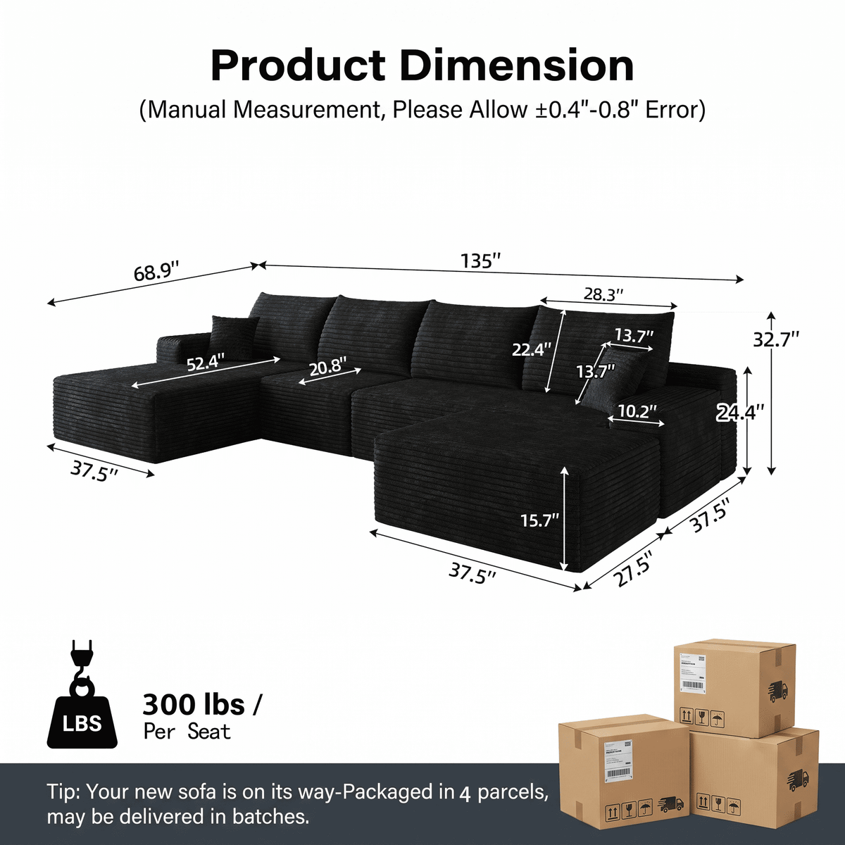 CKEASEAN 135" Corduroy Oversized U Shaped Modular Cloud Couch Sectional, Boneless Sectional Sofa with Left Facing Chaise & Ottoman, Compressed Boneless Couch for Living Room, No Assembly Required