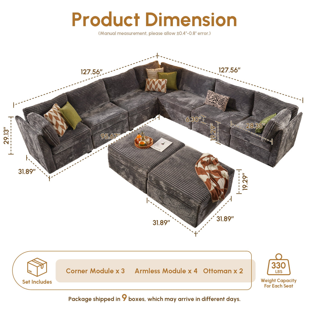 XIZZI 127.5" Modular Sectional Sofa,9-piece Oversized Cloud Couch with Deep Seat,U-Shaped Modern Sectional Couches with Removable Ottoman for Living Room,Gray