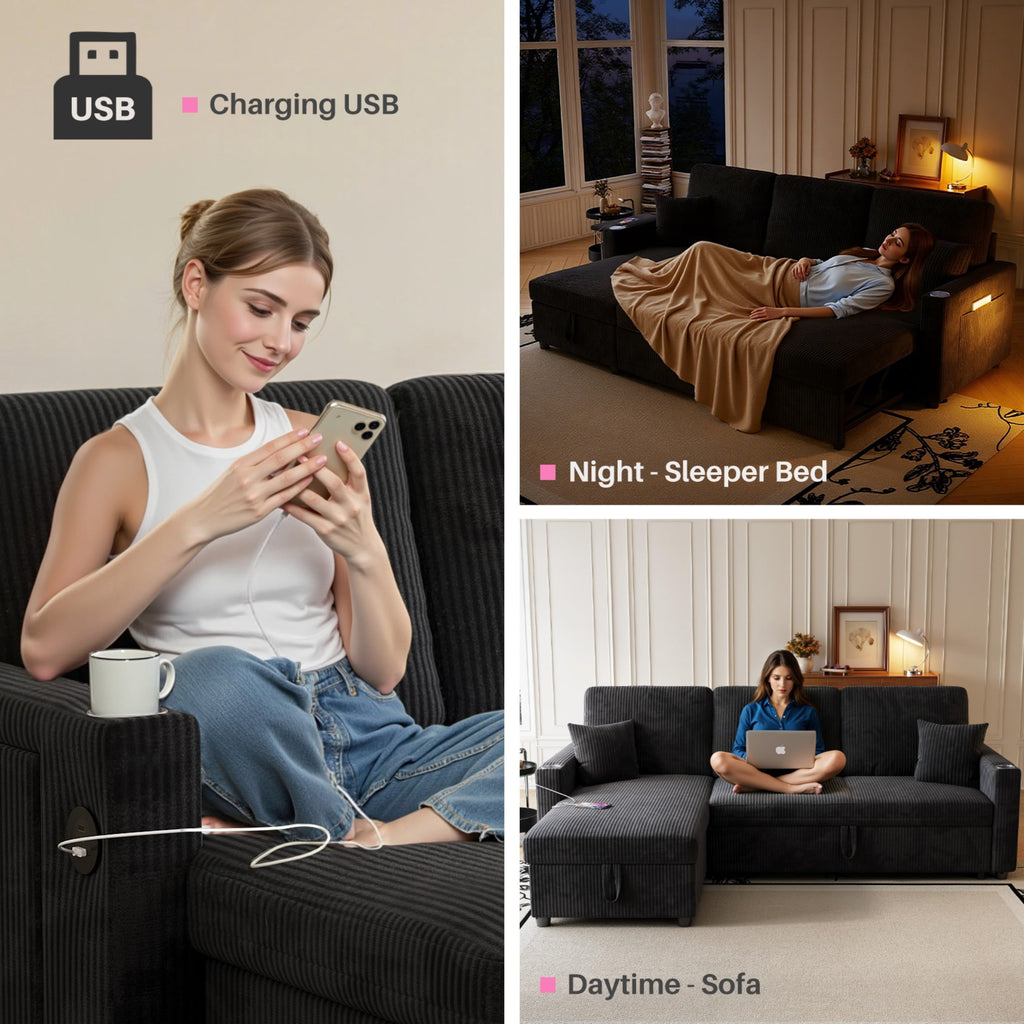 83" Sleeper Sectional Sofa, Comfy Convertible Sofa Bed with Pull Out Couches, Small Desktop, Corduroy L Shaped Couch with Reversible Storage Chaise & USB for Living Room Apartment,Black