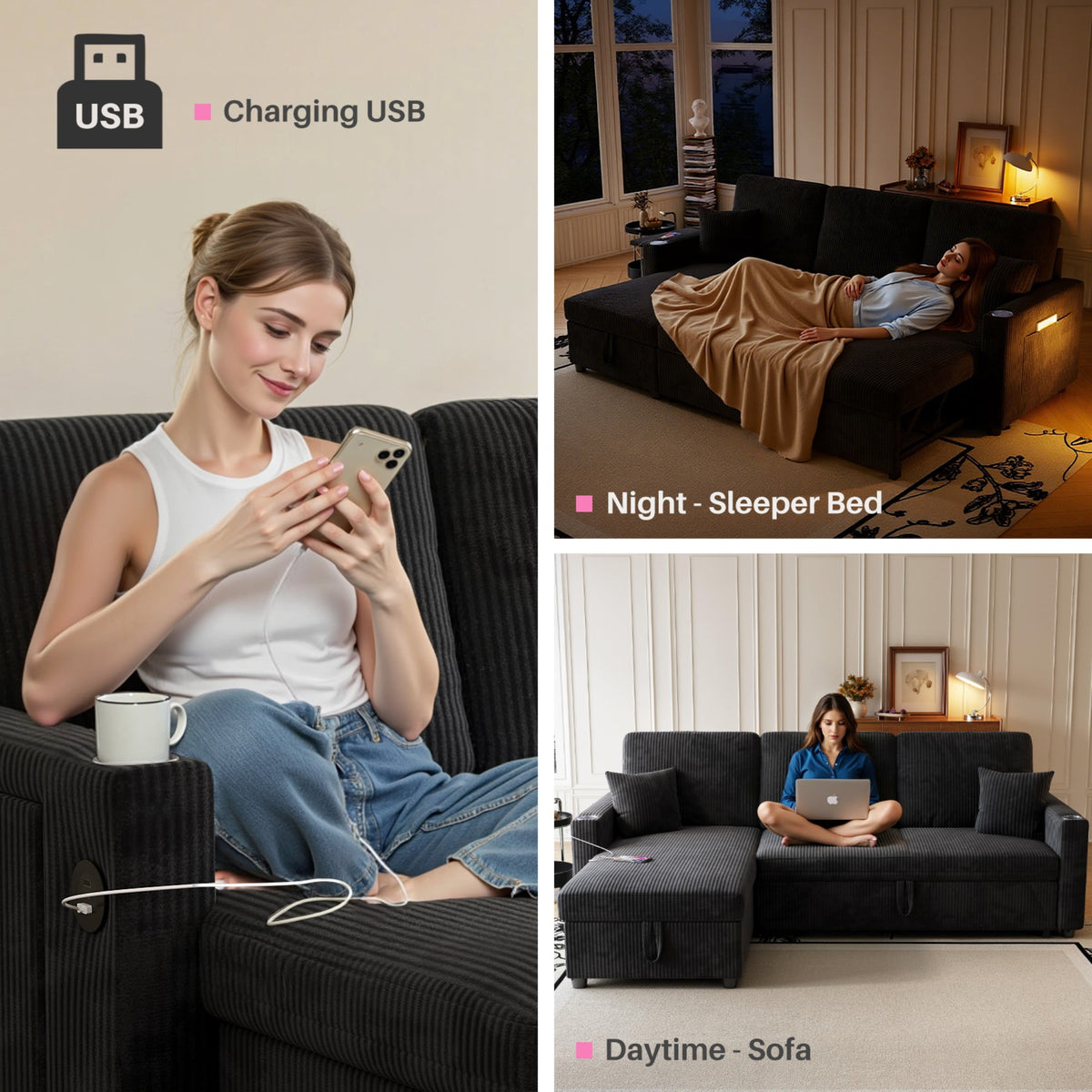83" Sleeper Sectional Sofa, Comfy Convertible Sofa Bed with Pull Out Couches, Small Desktop, Corduroy L Shaped Couch with Reversible Storage Chaise & USB for Living Room Apartment,Black
