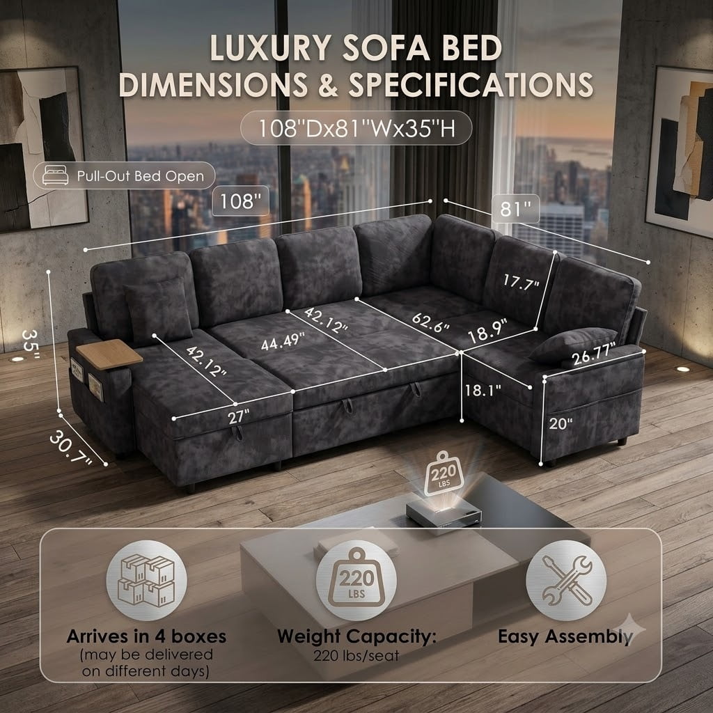 EPOWP 108" Modular Sectional Sleeper Sofa,7-Seater L-Shaped Pull Out Sofa Bed with Adjustable Backrest, Side Table & Charging Ports, Chenille Upholstered Sectional Couch for Living Room,Black