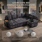 EPOWP 108" Modular Sectional Sleeper Sofa,7-Seater L-Shaped Pull Out Sofa Bed with Adjustable Backrest, Side Table & Charging Ports, Chenille Upholstered Sectional Couch for Living Room,Black