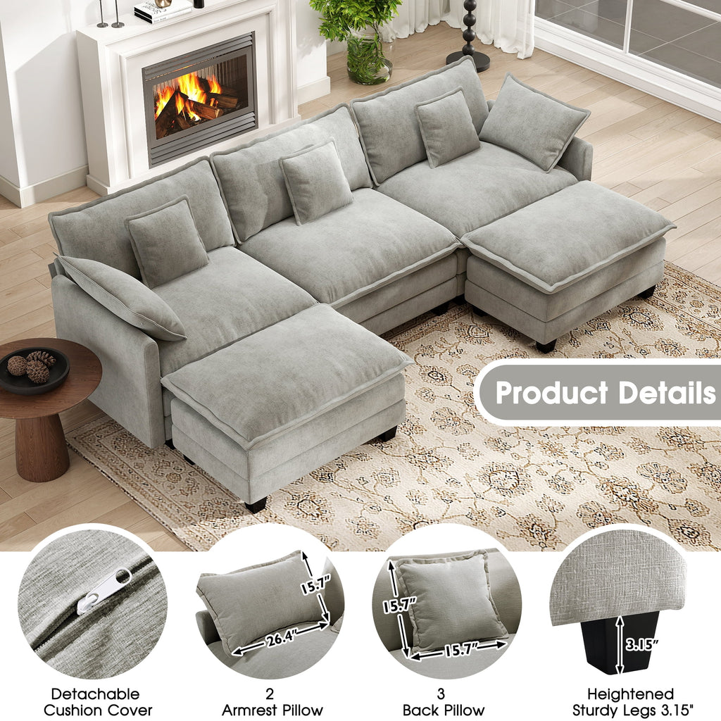  111.5'' Modular Sectional Sofa with Movable Ottomans, U Shaped Cloud Couch for Living Room, 3-Seat, Grey
