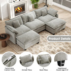  111.5'' Modular Sectional Sofa with Movable Ottomans, U Shaped Cloud Couch for Living Room, 3-Seat, Grey