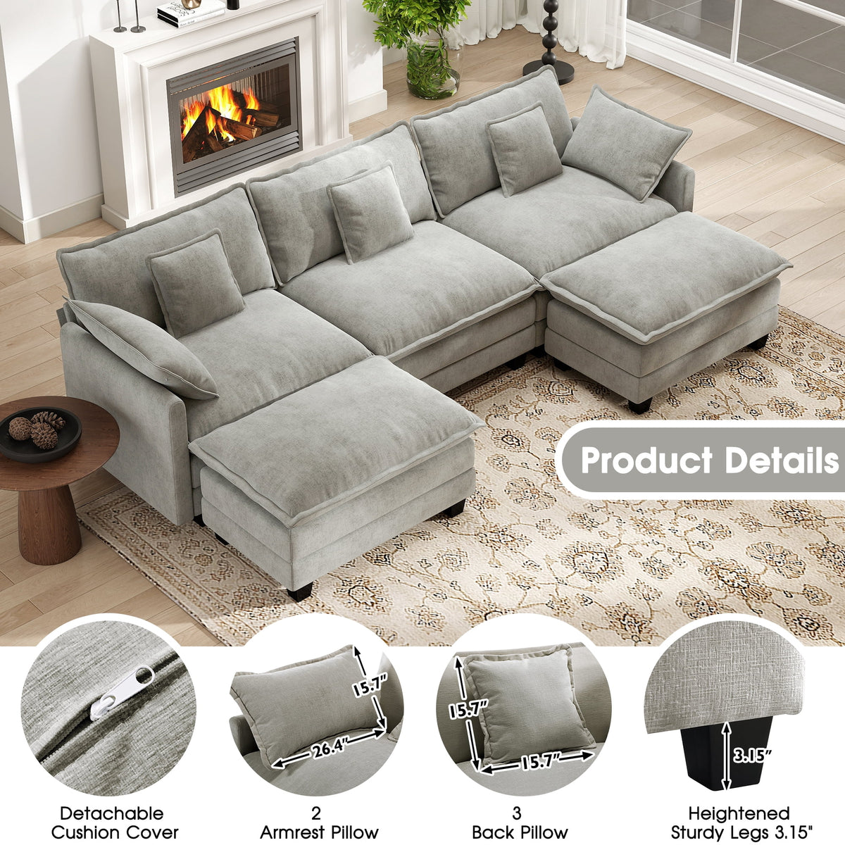  111.5'' Modular Sectional Sofa with Movable Ottomans, U Shaped Cloud Couch for Living Room, 3-Seat, Grey