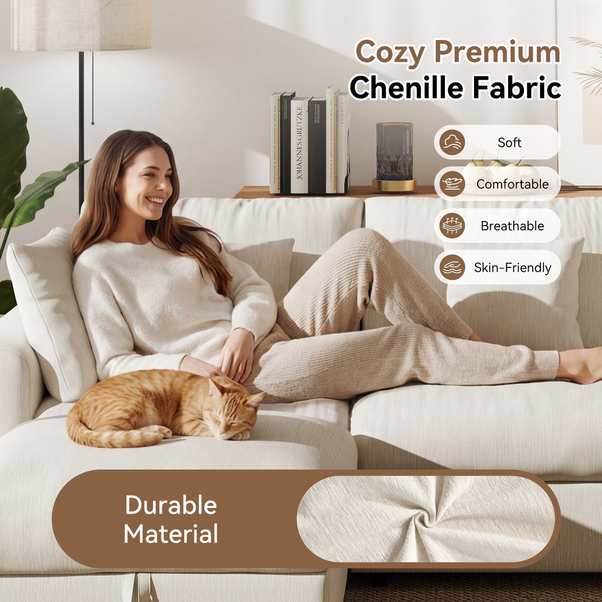  110" Large Modular Sectional Cloud Sofa with Removable Storage Ottoman, Extra Deep Seat Couch, Living Room Furniture, Chenille Beige
