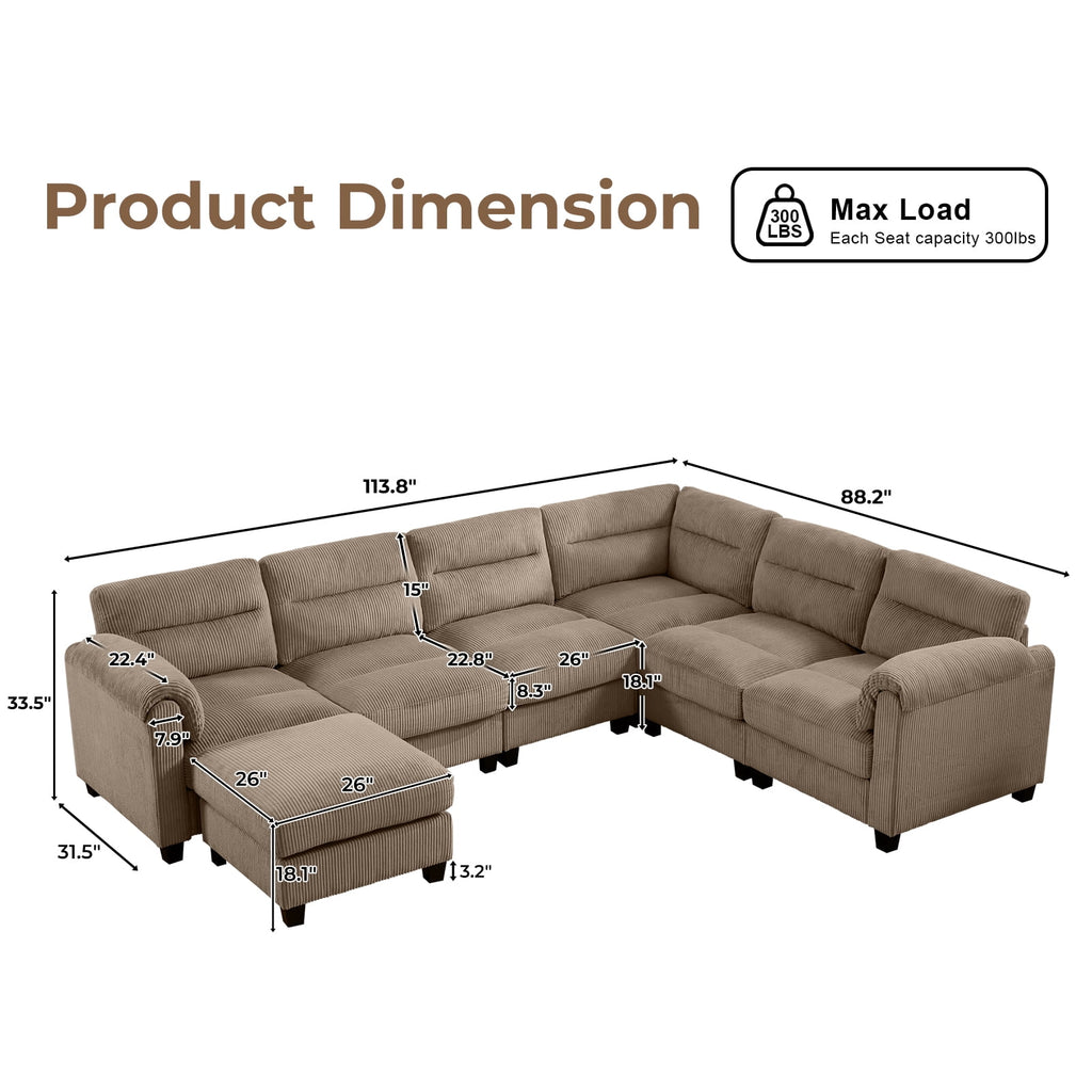  Convertible Modular Padded Sectional Sofa Couch with Foam Frame & Ottoman for Living Room - Taupe