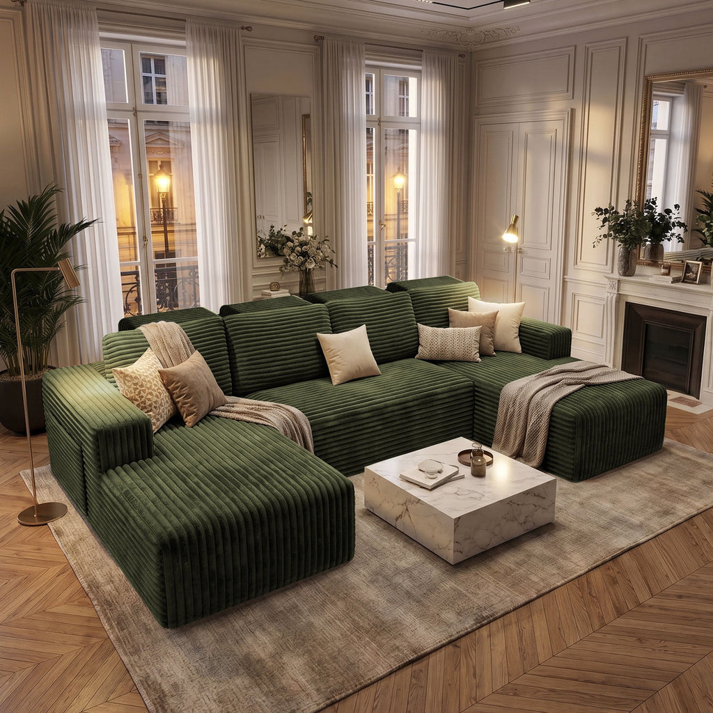 Garaneeds 113" Oversized U Shaped Sectional Sofa for Living Room, Modular Boneless Cloud Couch with Chaise, Corduroy Deep Seat Sofa, High Back Support, No Assembly Required, Green