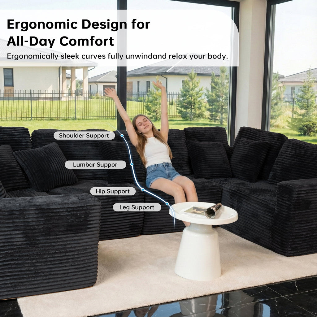  135.5" Sectional Couch, Black U Shaped Sofa for Living Room, Boneless Cloud Couch with Chaise,6-Seater, Corduroy Fabric, Freely Configurable Layout