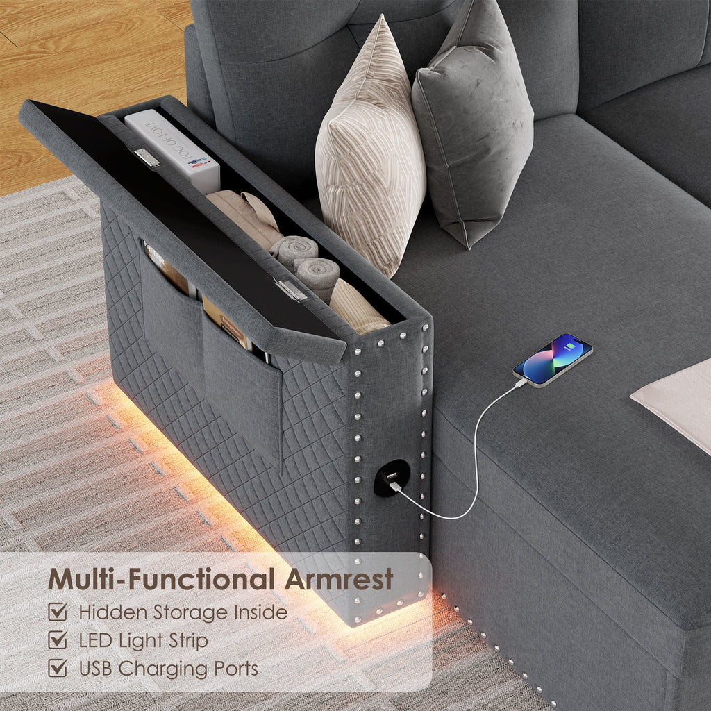 Homfa Gray Sofa Bed with Storage & USB Charging Port, L Shaped Sofa Bed Couches with Storage & Pull out Bed for Living Room
