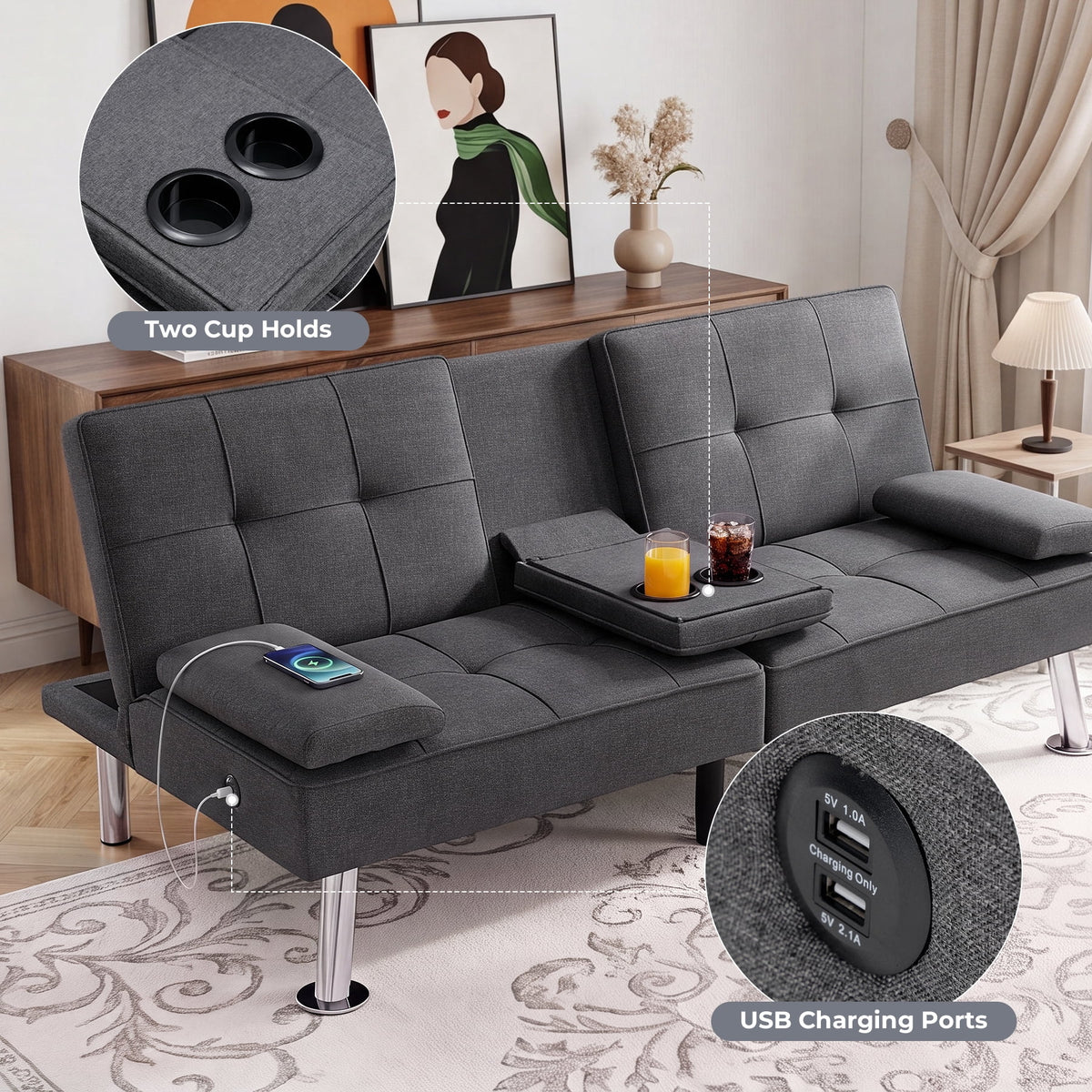  Futon Sofa Bed, 3 Piece Foldable Versatile Guest Couch with Cup Holders & USB Charging Port for Living Room,Gray