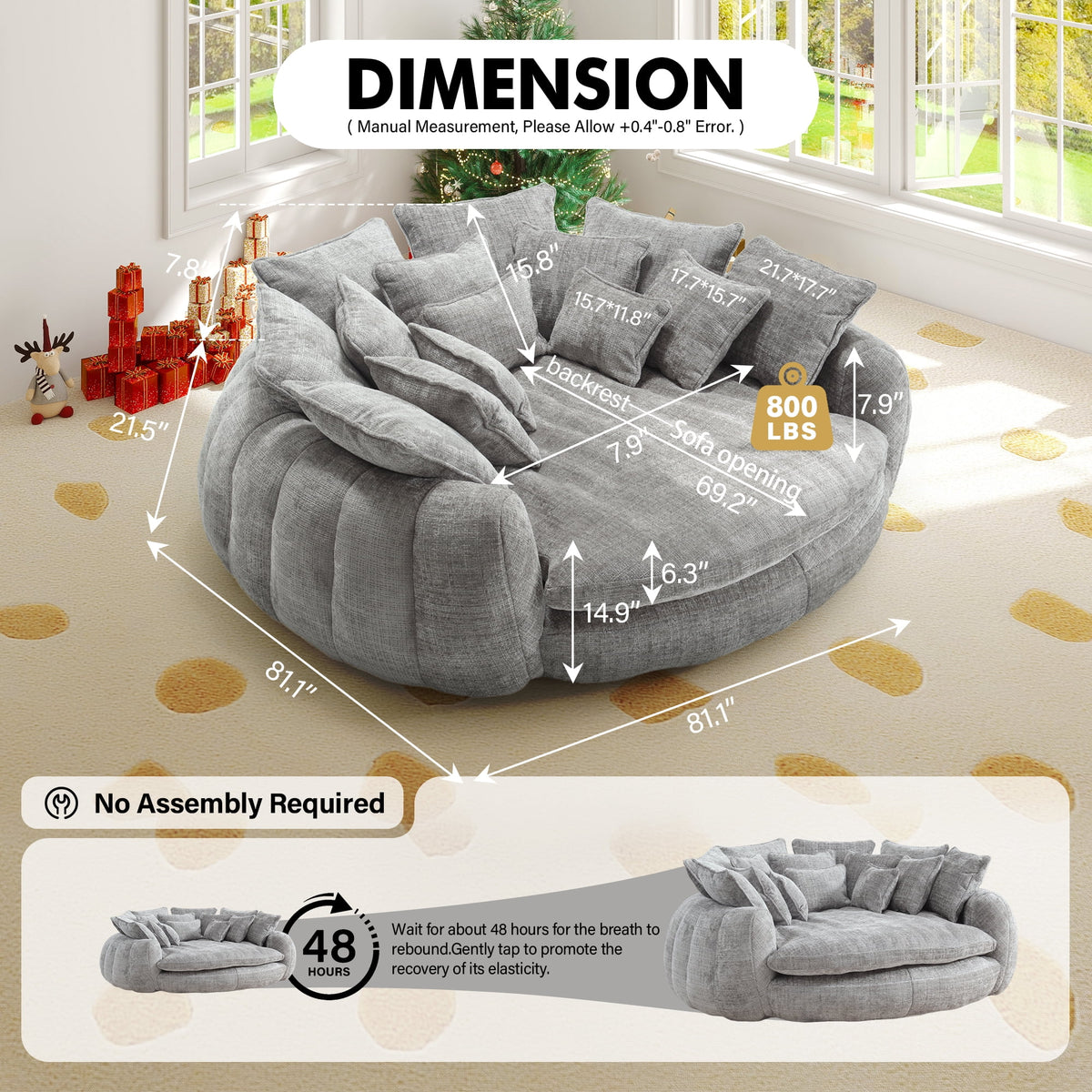  81" Oversized Round Chaise Lounge Sofa Bed, Modern Chenille Cloud Couch with Deep Seat, 14 Pillows, Assemble-Free, Light Gray