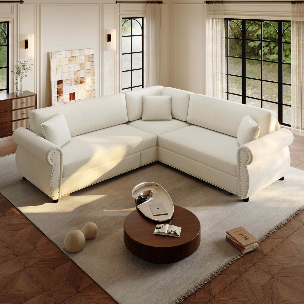 FFH 88.2" Sectional Sofa with Pull Out Bed, Convertible Sleeper Sofa, 5 Seater Chenille Couch for Living Room, Beige