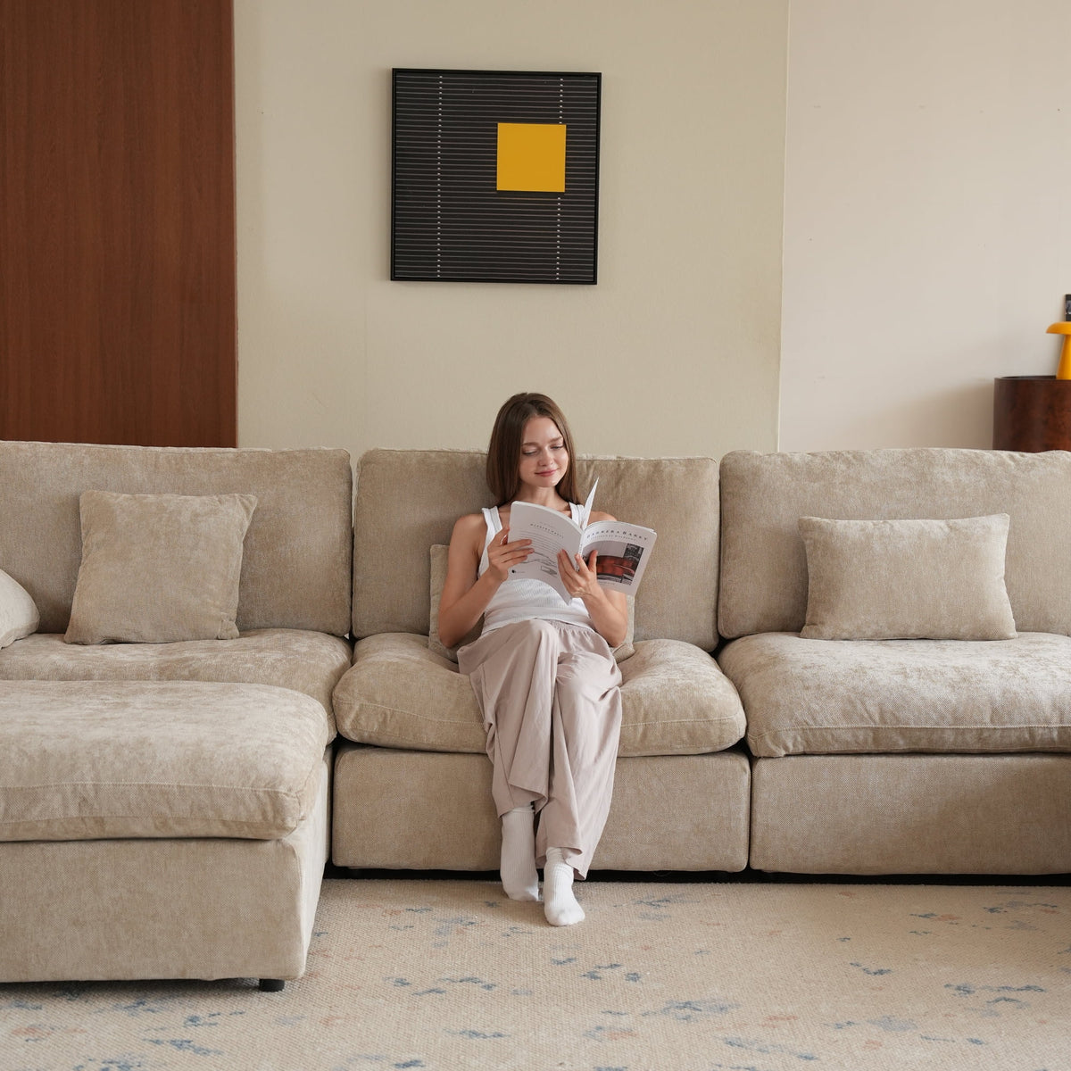 Sdorens 120" Modular Sectional Sofa,Comfy Cloud Couch with Movable Ottoman Deep Seat Chenille L Shaped Modular Sofa,Sectional Couches for Living Room,Bedroom and Apartment,Khaki