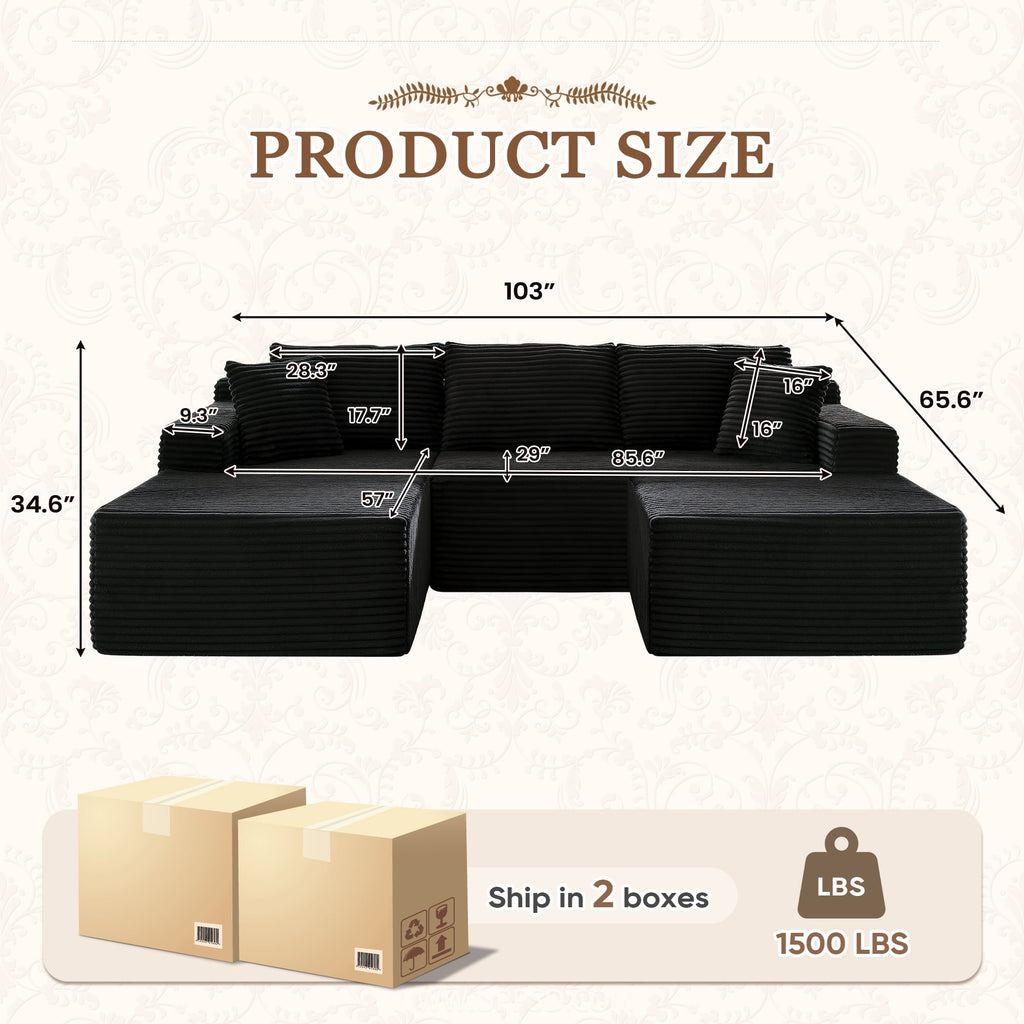 Muumblus Modular Sectional Sofa, Oversized U-Shape Cloud Couch, Modern Corduroy Sleeper Couches for Living Room, No Assembly Required, Black (Right Facing Chaise)