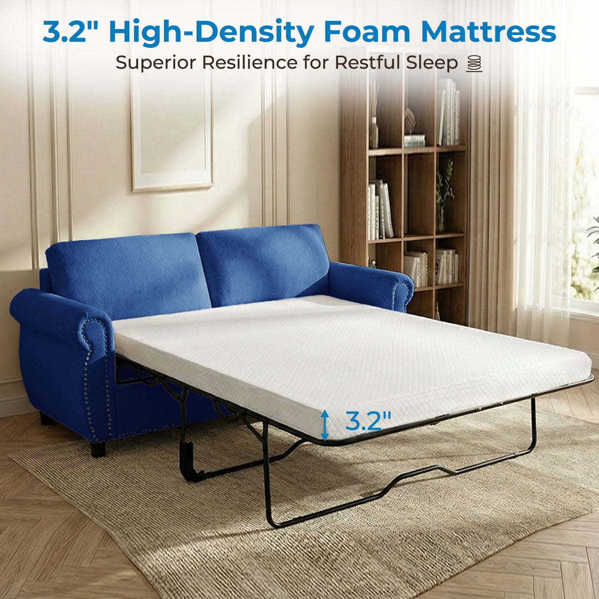  2-in-1 Full Size Pull Out Sofa Bed | Convertible Loveseat with Mattress | Sleeper Sofa Couch for Living Room - Blue