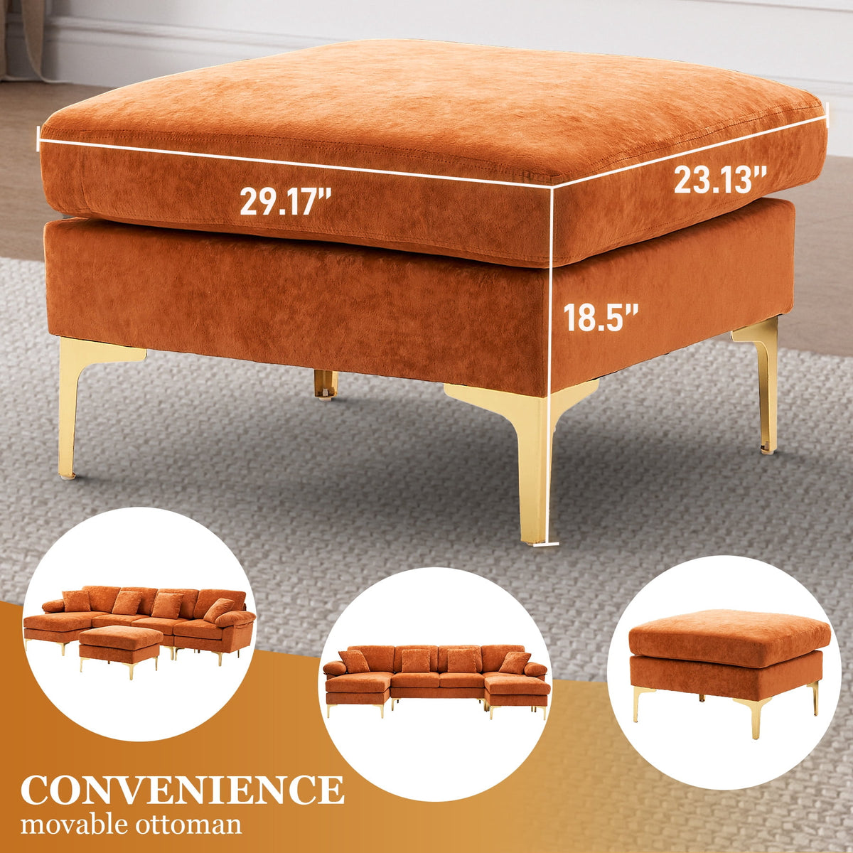 Wiilayok U Shaped Sectional Sofa,Velvet Modular 4 Seat Sofa Couch,114 inch L-Shaped Couch Set with Chaise Lounge, Ottoman& Pillows for Living Room,Orange