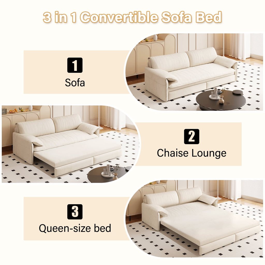  Queen Sleeper Sofa Bed, Convertible Loveseat Pull Out Sofa Couch with Pillow Arm/Side Pockets, Beige