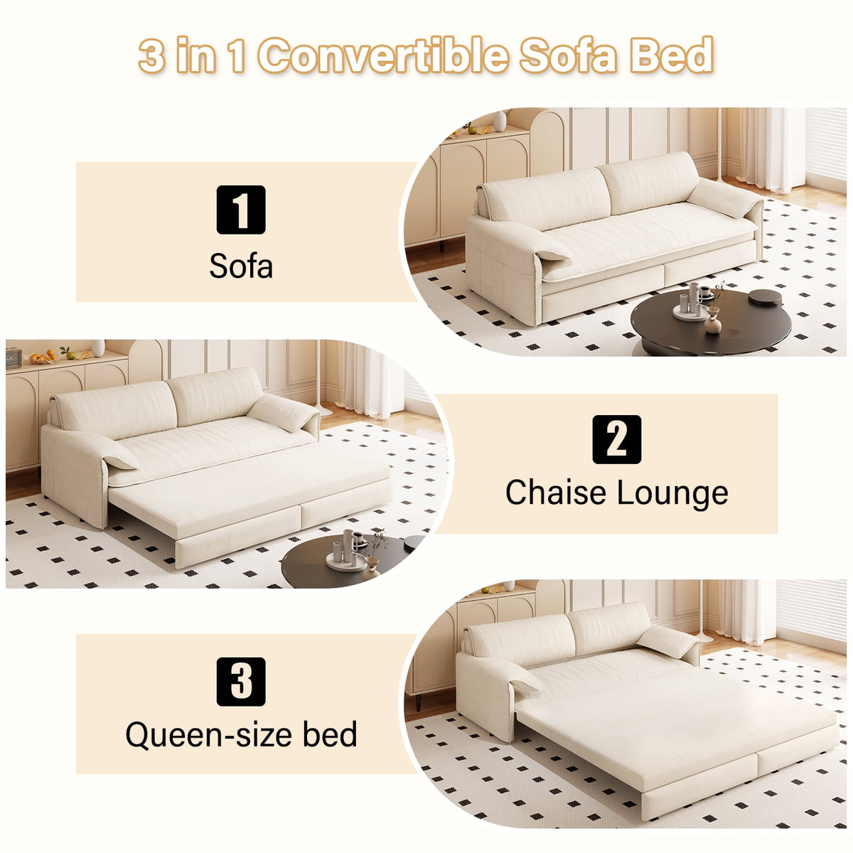  Queen Sleeper Sofa Bed, Convertible Loveseat Pull Out Sofa Couch with Pillow Arm/Side Pockets, Beige