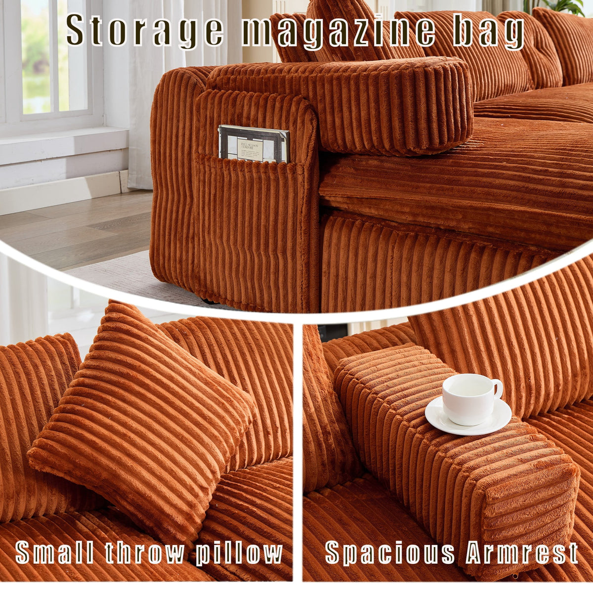  Sectional Sofa, Oversized Sectional Couch Convertible Sofa Bed, 6 Seat Corduroy Sofa Couch with Side Pocket for Living Room, No Assembly Orange