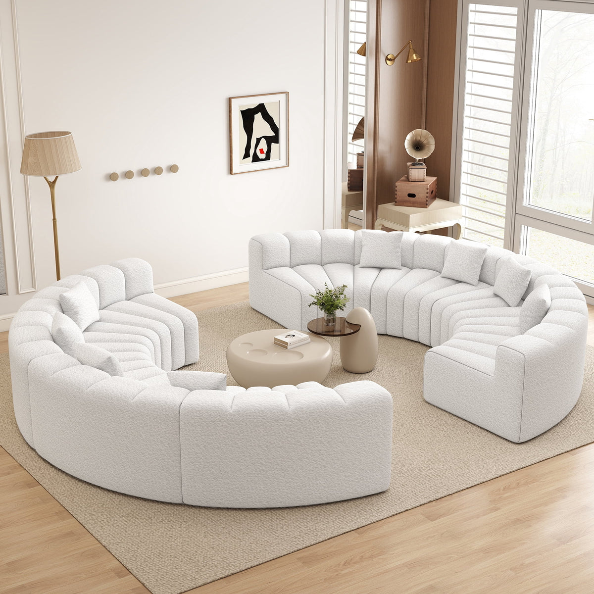 Daluvenix Oversized Round Sectional Sofa, 8 Seater Modern Curved Velvet Modular Couch, Boneless Cloud Sofa for Living Room, No Assembly Required, White