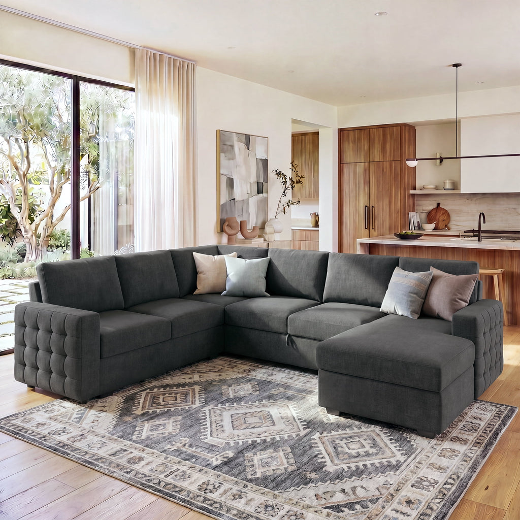 Marrber Modular Sectional Pull-Out Sofa Bed U-Shaped Linen Couch Bed with Storage for Living Room, Gray