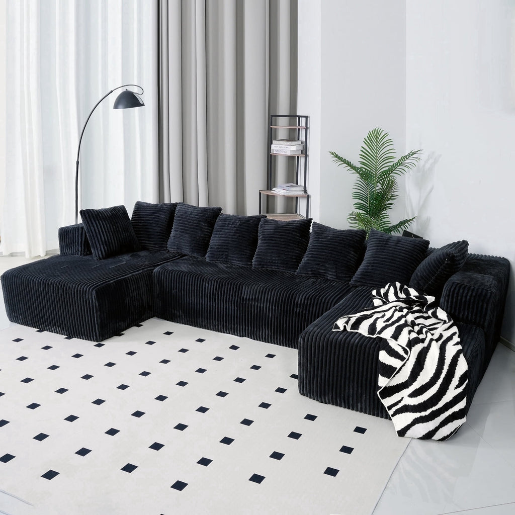  130" Black Sectional Modular Couch, U-Shaped Sofa with Chaise Lounge, Striped Corduroy Upholstered 4-Seater Sofa with Pillow Back and Square Arms