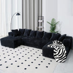  130" Black Sectional Modular Couch, U-Shaped Sofa with Chaise Lounge, Striped Corduroy Upholstered 4-Seater Sofa with Pillow Back and Square Arms