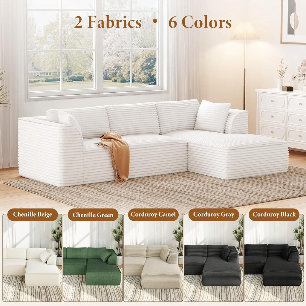  106" Modular Sectional Sofa with Chaise, Deep Seat Comfy Cloud Couch Corduroy L Shaped Sofa Sectional Couches for Living Room Bedroom, No Assembly Required (Beige, Right-Facing Chaise)