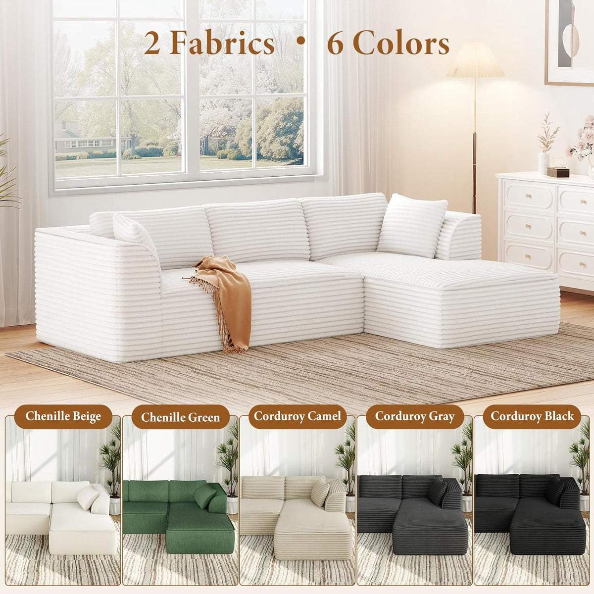  106" Modular Sectional Sofa with Chaise, Deep Seat Comfy Cloud Couch Corduroy L Shaped Sofa Sectional Couches for Living Room Bedroom, No Assembly Required (Beige, Right-Facing Chaise)