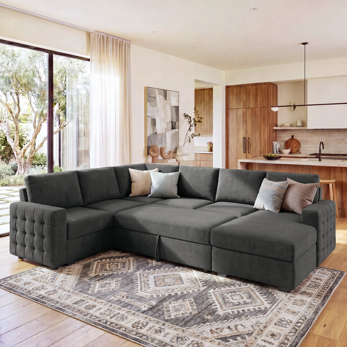 Marrber Modular Sectional Pull-Out Sofa Bed U-Shaped Linen Couch Bed with Storage for Living Room, Gray